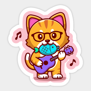 Cute Cat Playing Guitar With Fish Cartoon Sticker